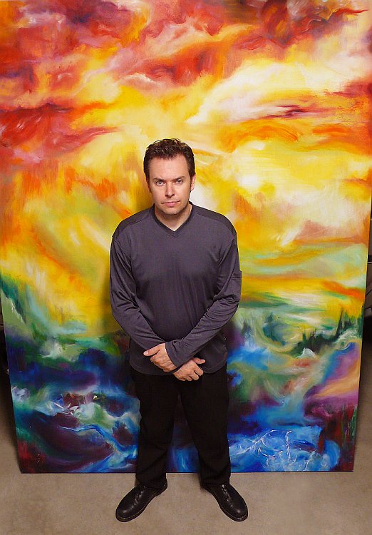 Artist with 5 foot by 7 foot painting